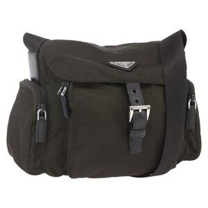 Authentic PRADA Shoulder Bag Nylon Khaki Silver